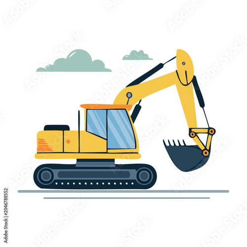 Yellow excavator in flat design style with clouds