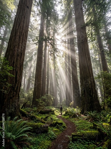 Vertical view of towering redwood trees with dramatic god rays in an ancient forest.