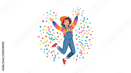 Foto Joyful Woman Celebrating Happiness with Confetti and Colorful Decorations