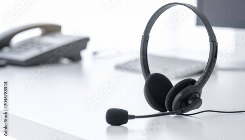 Office Headset and Telephone: A close-up view of a black headset with a microphone sits on a clean, white desk next to a landline telephone.
