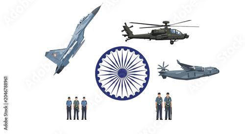 Картината върху платно Military Helicopters and Soldiers with Indian Flag Emblem.