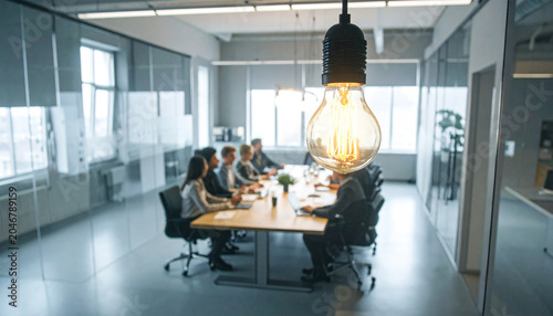 Illuminating Ideas in the Boardroom: A modern boardroom where a team of professionals gathers around a conference table, bathed in the bright glow of a large, illuminated light bulb hanging overhead.