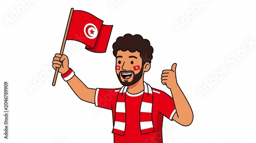 Tunisian fan waving flag and giving thumbs up with face paint Vector