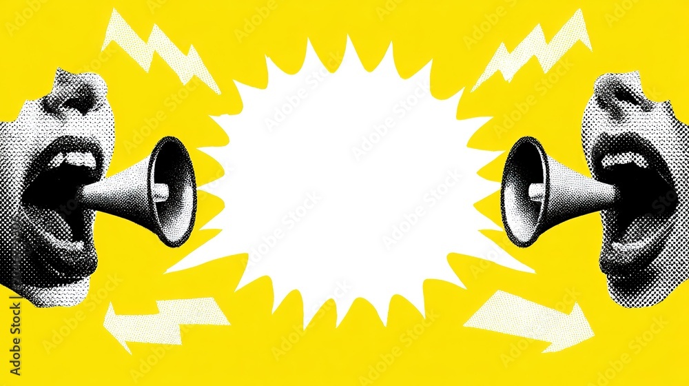 Naklejka premium Dynamic halftone graphic on vivid yellow backdrop with two black-white dotted stylized open mouths fitted with dark gray megaphones, central jagged white speech bubble