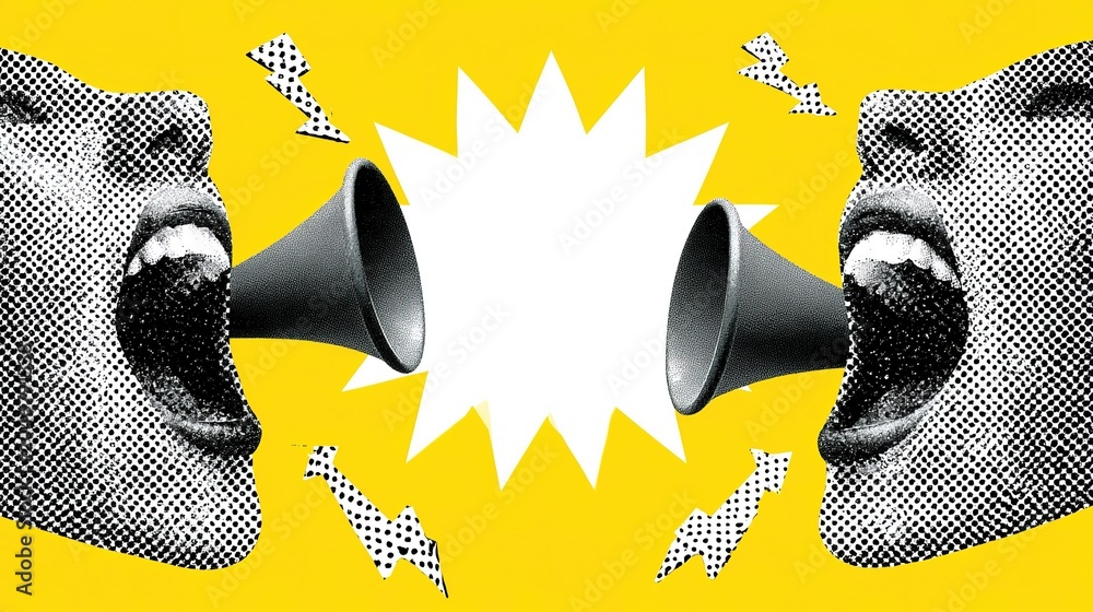 Fototapeta premium Dynamic halftone graphic on vivid yellow backdrop with two black-white dotted stylized open mouths fitted with dark gray megaphones, central jagged white speech bubble