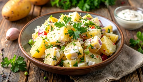 A vibrant potato salad with parsley and a creamy dressing, in a bowl on a wooden table