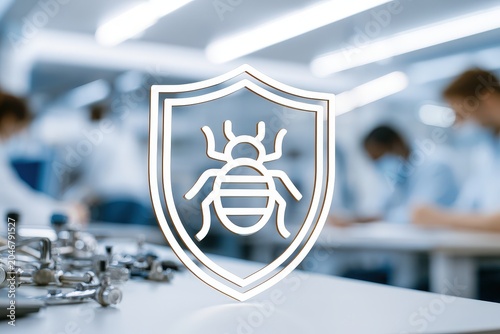 A professional pest management operations center featuring a prominent insect shield logo, emphasizing safety and protection against pests