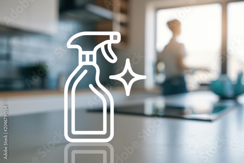 A modern kitchen scene featuring a cleaning spray bottle with a sparkling effect, symbolizing cleanliness and freshness in home care