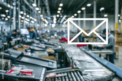 An automated mail processing facility showcasing the sorting of postal items in a busy environment