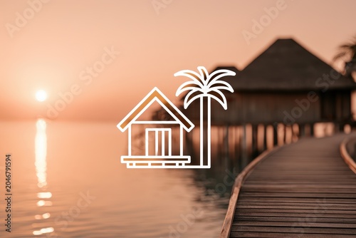 A serene view of romantic overwater villas at sunset, reflecting on calm waters. Perfect for tropical getaway themes