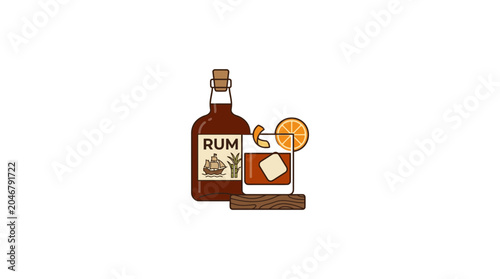 Bilde på lerret Bottle of rum with cocktail glass and orange garnish on wooden coaster