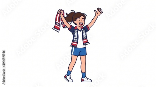 Happy young woman cheering with USA scarf and jersey Vector