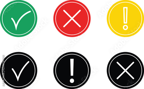 A set of six icons in different colors for check, error, and warning