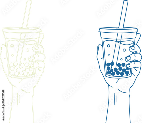 Vector illustration of hands holding bubble tea cups with straws and boba