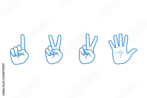 Four blue hands showing numbers one to four in sign language