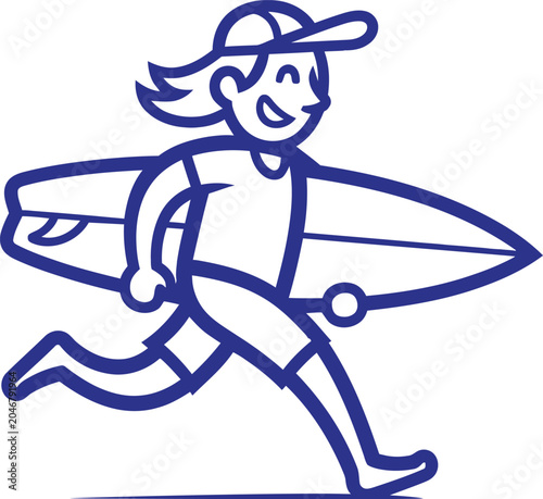 A blue line drawing of a smiling woman running with a surfboard