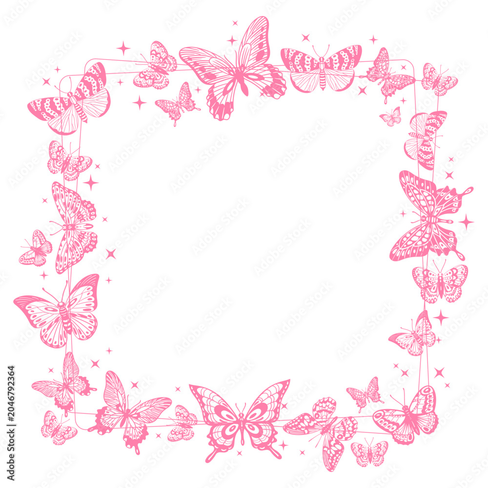 Obraz premium Butterfly decorative frame. Square border made of pink butterflies and ornamental elements flat vector illustration. Greeting card, invitation and decorative design concept