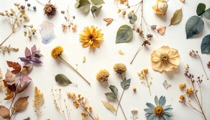 Collection, collage of dried flowers and leaves isolated on transparent banner background