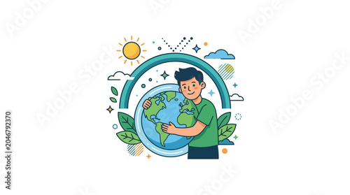 Foto Boy Hugging Earth Planet, Environmental Protection Concept, Eco Friendly Lifesty