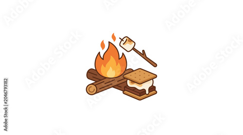 Quadro su tela Camping Fire with Marshmallow and S'mores Illustration