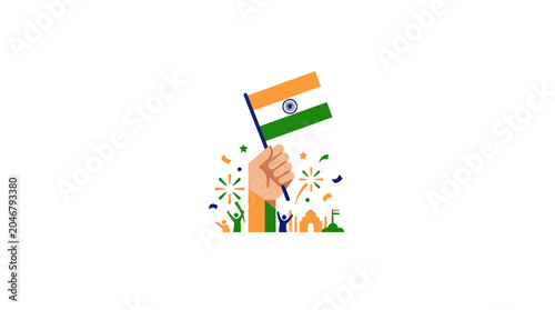 Celebration of Indian Independence with Raised Hand Holding Flag