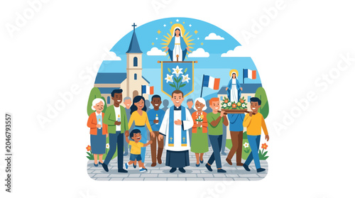 Photos Catholic Religious Procession with Statue and Parishioners in Village