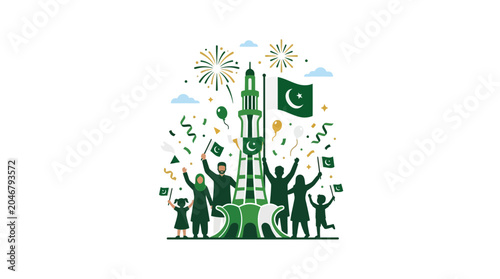 Tableau sur toile Celebration at Minar-e-Pakistan with Pakistani Flags and Fireworks