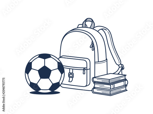 Line Art Illustration of a Soccer Ball with a School Backpack and Books