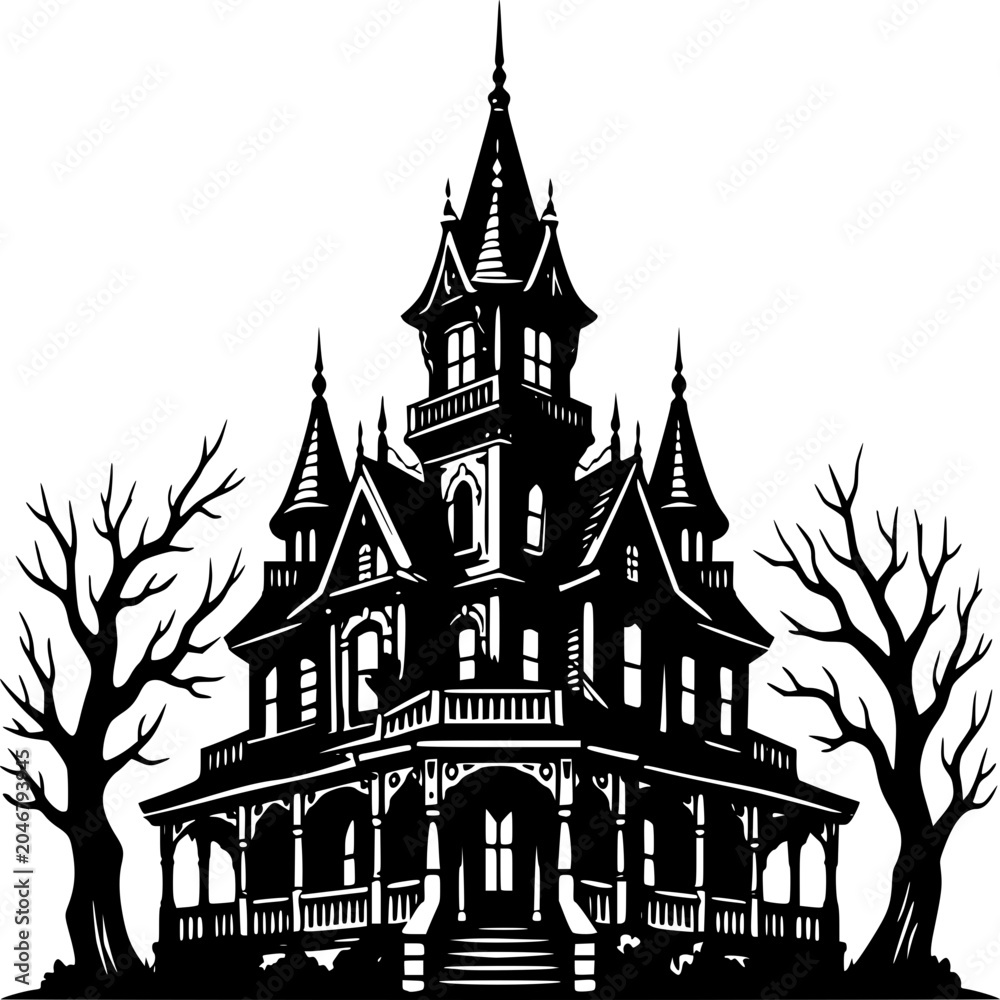 Fototapeta premium Gothic Mansion Silhouette: A striking black silhouette of a Victorian-era mansion, complete with turrets, gables, and a wrap-around porch, stands ominously against a stark background.