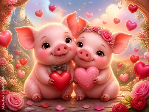 fantasy Surreal Illustration of Cute pigs in love with hearts