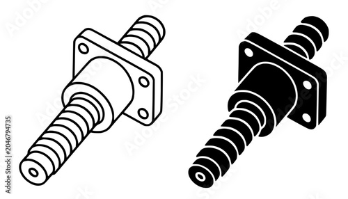 Recirculating ball screw illustration, minimalist outline and silhouette icon for industry
