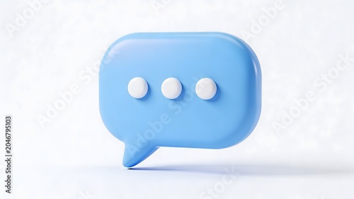 3D blue speech bubble icon with three dots on white background. Chat and message communication symbol. Minimalist digital interface element