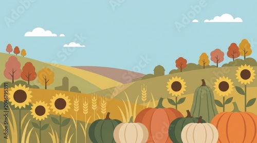 Stylized Autumn Harvest Landscape with Pumpkins and Sunflowers