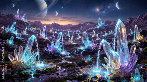 Surreal Field Filled With Glowing Magic Crystal Fountain Structures Emitting Shimmering Mystical Light Landscape Vibrations