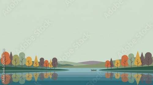Flat minimalist autumn landscape with lake reflection and boat