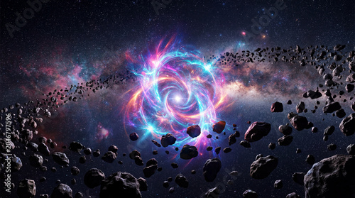 Radiant Temporal Rift Floating Amidst Giant Asteroid Belts With Vibrant Blue And Magenta Colors Space