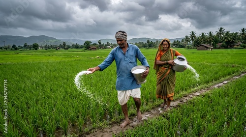 Indian Farmers Spreading Fertilizer in Green Rice Paddy Field