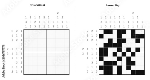 Photography Nonogram puzzle grid with solution key for logical gameplay