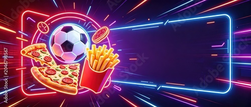 Neon glowing soccer ball, pizza slices and french fries framed by pink-blue neon borders, ideal for sports bar banner, football watch party poster and game-day fast food promotion visuals.