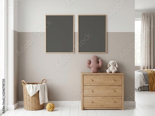 Two Blank Poster Frames Mockup in Scandinavian Kids Bedroom Twin Wooden Picture Frames over Beige Dresser Nursery Interior
