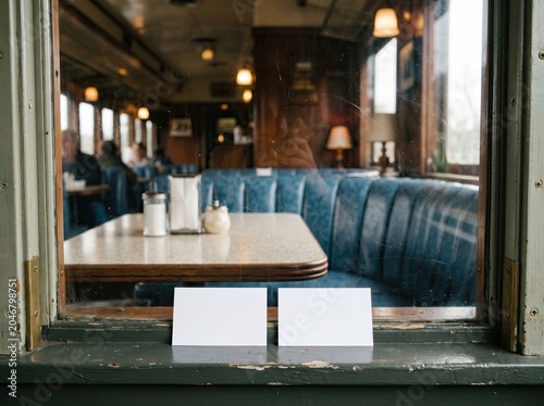 Two Blank Paper Cards on Vintage Train Diner Windowsill Mockup Empty Paper Template in Retro Restaurant Wagon Cafe