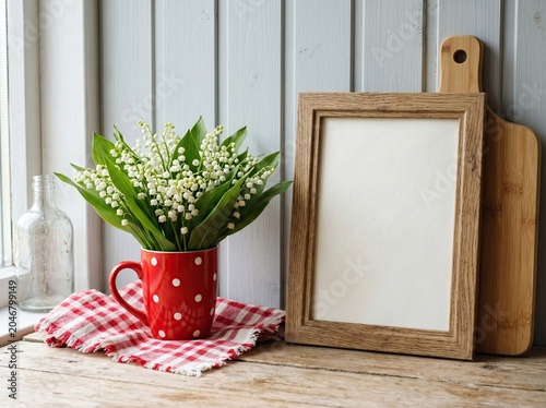 Rustic Wooden Picture Frame Mockup with Lily of the Valley Bouquet in Red Polka Dot Mug on Country Kitchen Windowsill