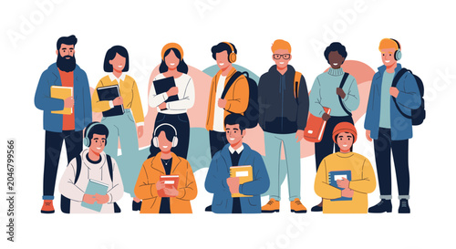 Large assembly of ethnically diverse college students pose together with their books and backpacks for a group portrait on campus.