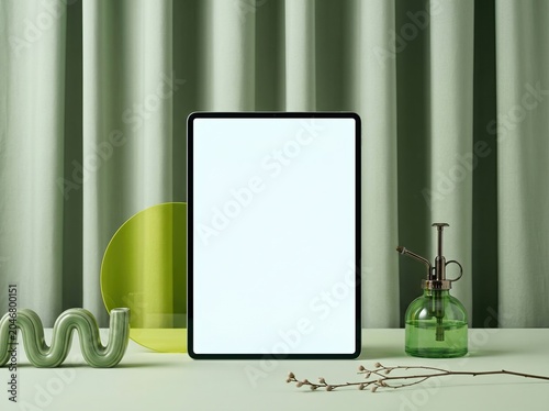 Digital tablet mockup with blank white screen on sage green background curtain glass spray bottle minimalist decor