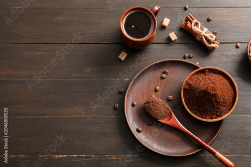 Cup of hot coffee and bowl ...