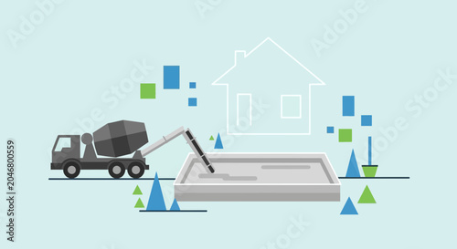 Quadro su tela Cement mixer truck pouring concrete for house foundation, construction concept