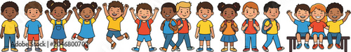Foto Diverse group of happy cartoon school children standing in a row and waving hand