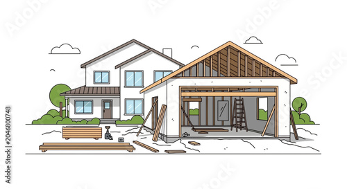 House construction, garage renovation, building process, home improvement, renovation project