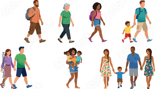 Flat illustration set of diverse people walking including families couples and individuals isolated on a light background for graphic design
