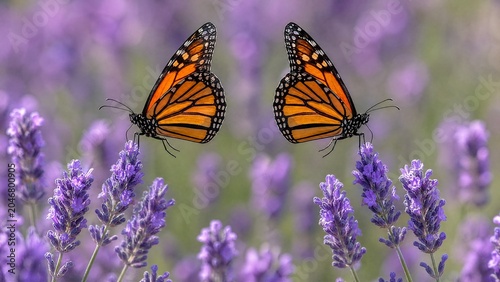 unison. Two monarch butterflies flying in unison among purple lavender flowers, synchronized wings. wildlife magazines, conservation campaigns, designed for nature documentaries and education.